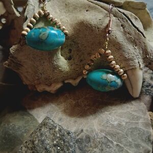 Handmade Turquoise and Gold Beaded Dangel Earrings
